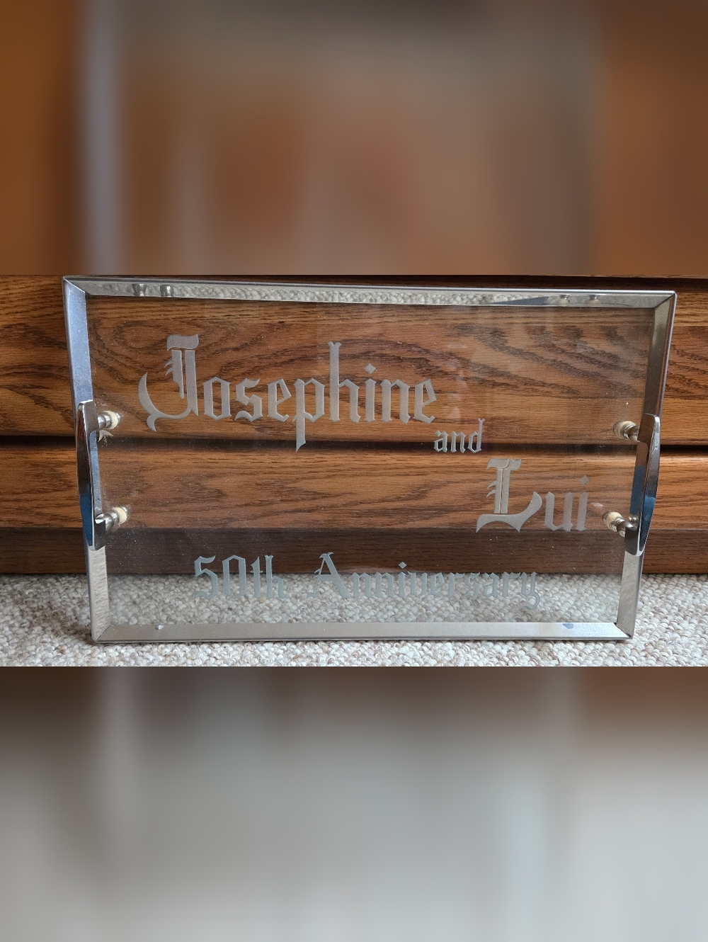 50th Anniversary Glass Tray W/ Chrome Trim& Handles Engraved Josephine And Lui